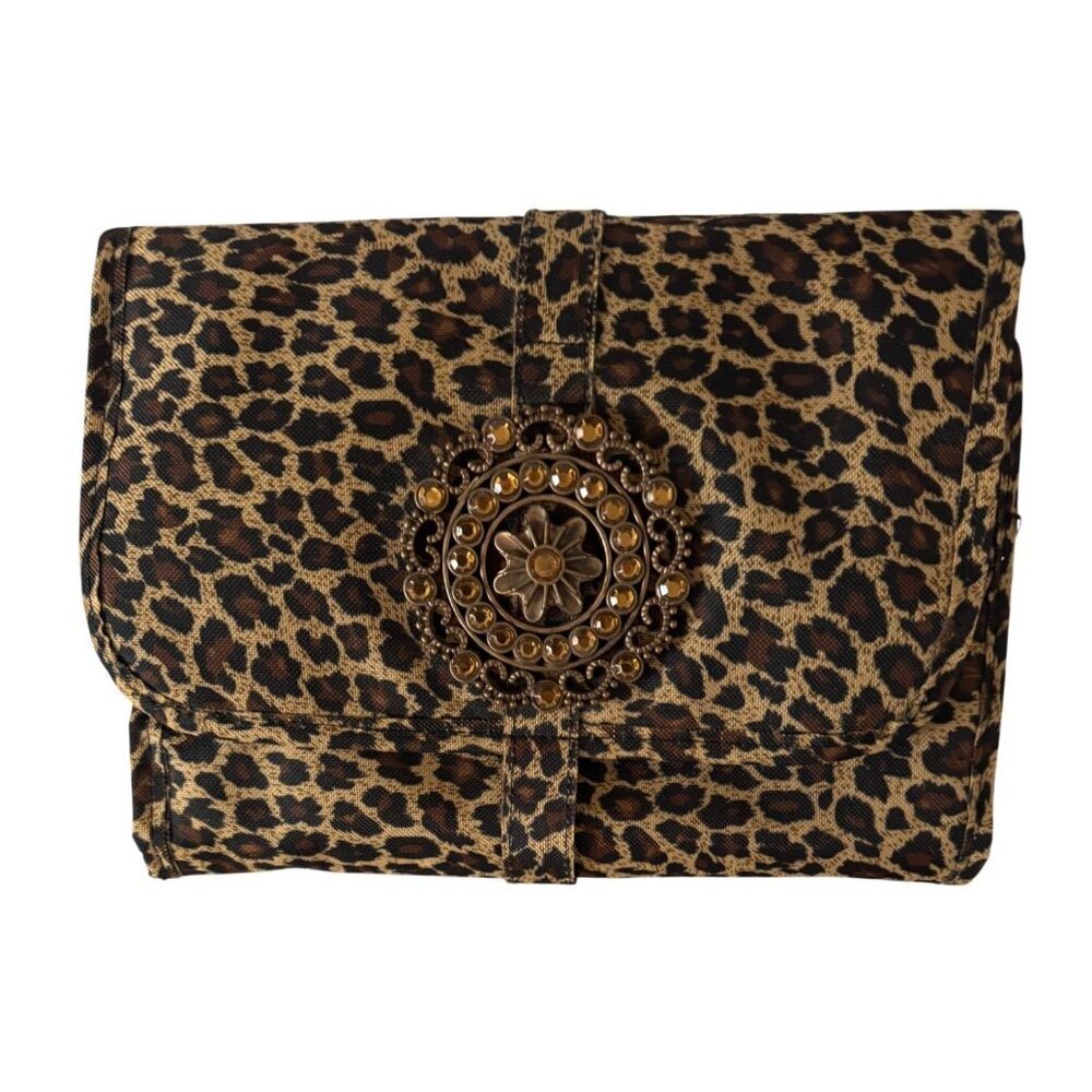 Leopard Print Hanging Travel Organizer w Beaded Flower Accent & Snap Closure VID